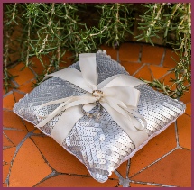 Rings tied together on a silver cushion